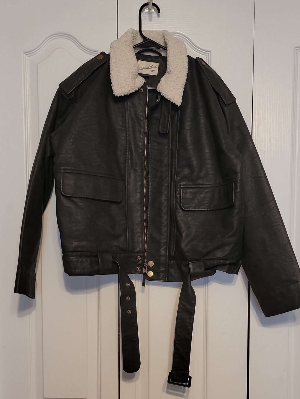 Universal Thread Black Faux Leather Jacket with Cream Sherpa Collar